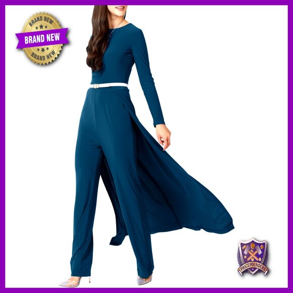 Long Sleeve Cape Jumpsuit with Pockets Stretchy Elegant Dressy Romper